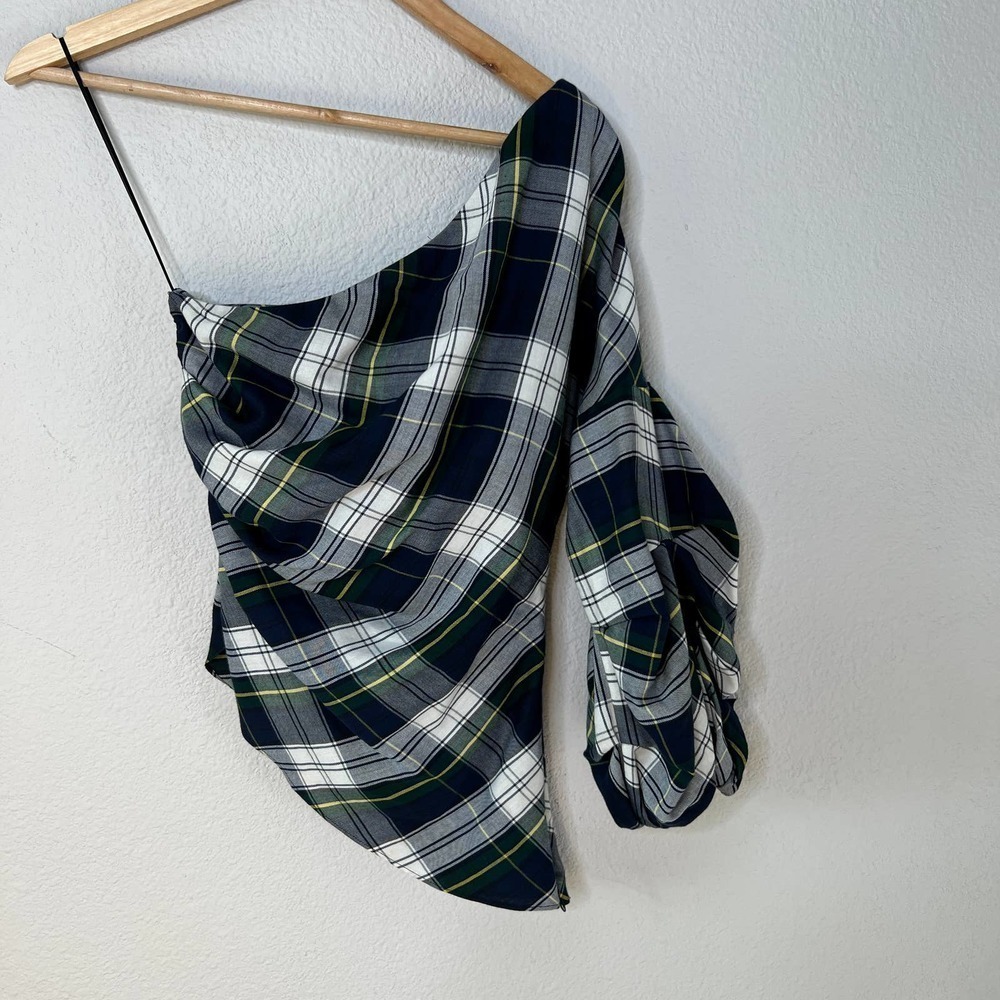 Petersyn Blue Green Plaid One Shoulder Ruffle Puff Sleeve Top - Picture 8 of 8